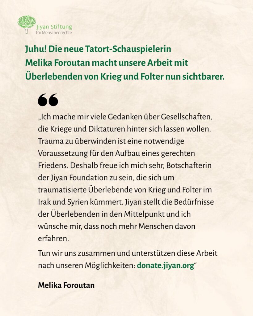 Juhu! Die neue Tatort-Schauspielerin Melika Foroutan macht unsere Arbeit mit Überlebenden von Krieg und Folter nun sichtbarer.